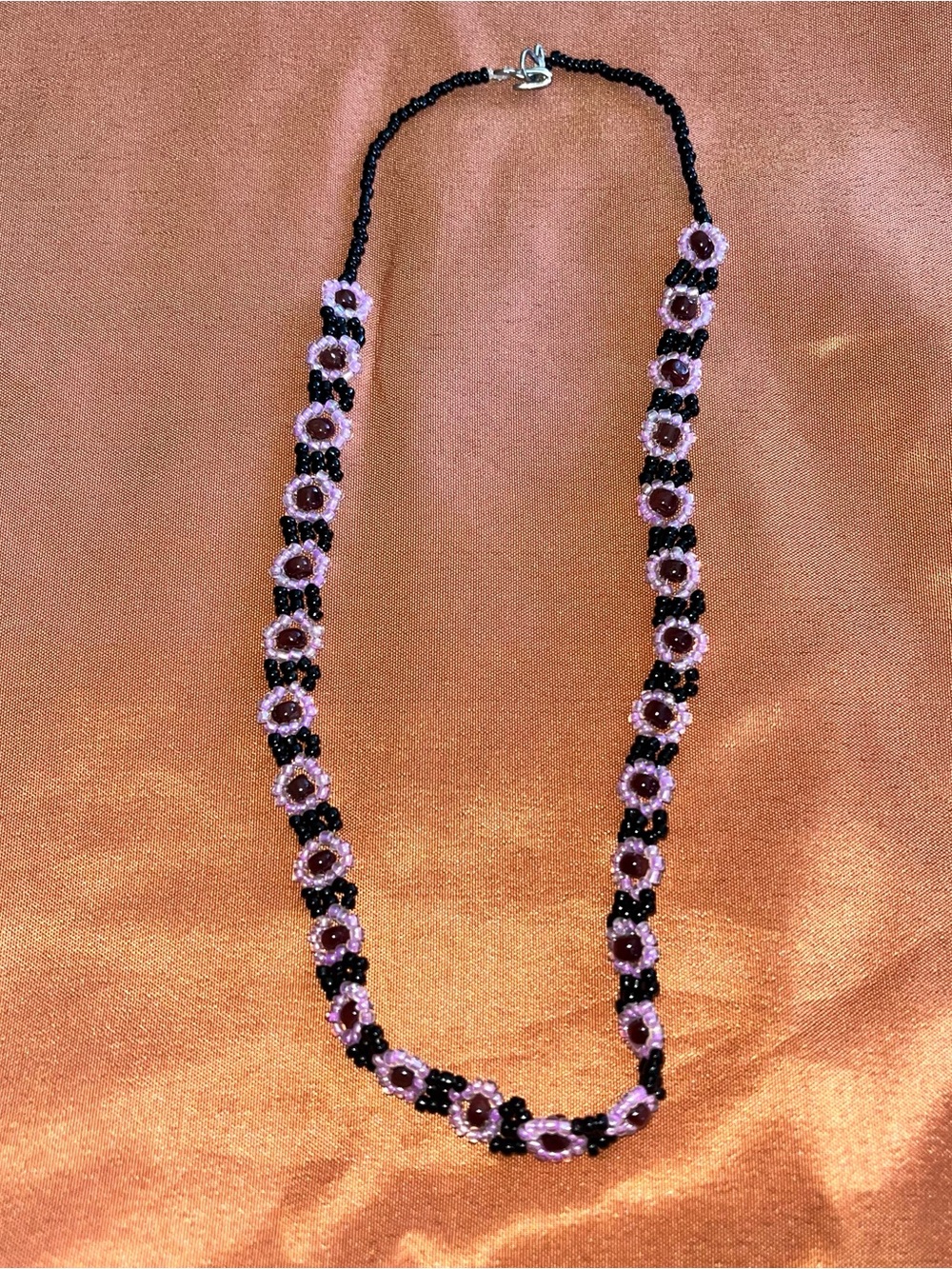 Handcrafted Pink and Black Beaded Flower Necklace